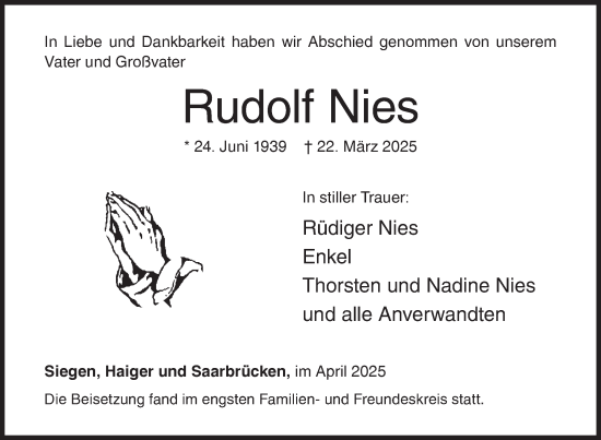 Traueranzeige von Rudolf Nies von Siegener Zeitung