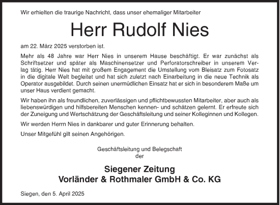 Traueranzeige von Rudolf Nies von Siegener Zeitung