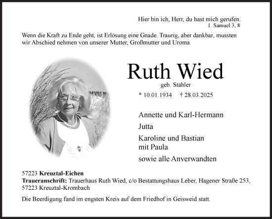 Traueranzeige von Ruth Wied von Siegener Zeitung