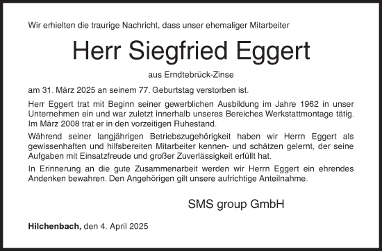 Traueranzeige von Siegfried Eggert von Siegener Zeitung