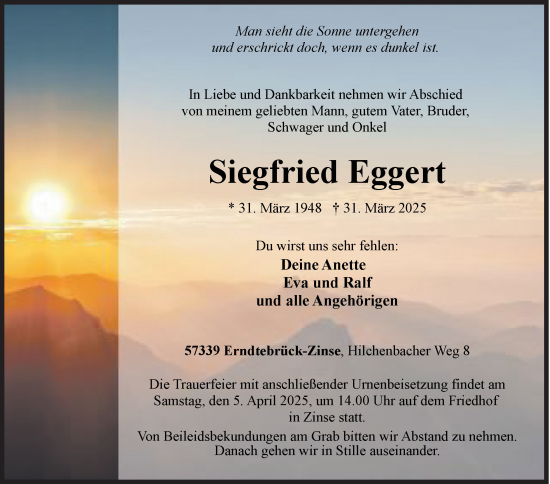 Traueranzeige von Siegfried Eggert von Siegener Zeitung