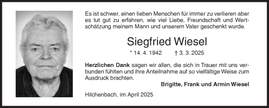 Traueranzeige von Siegfried Wiesel von Siegener Zeitung