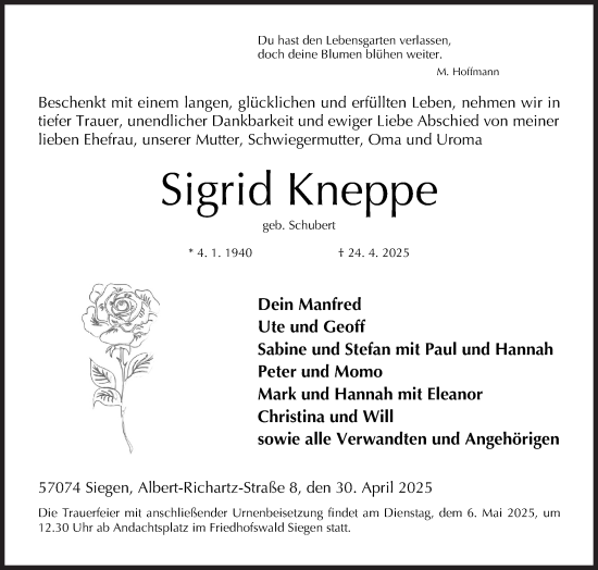 Traueranzeige von Sigrid Kneppe von Siegener Zeitung