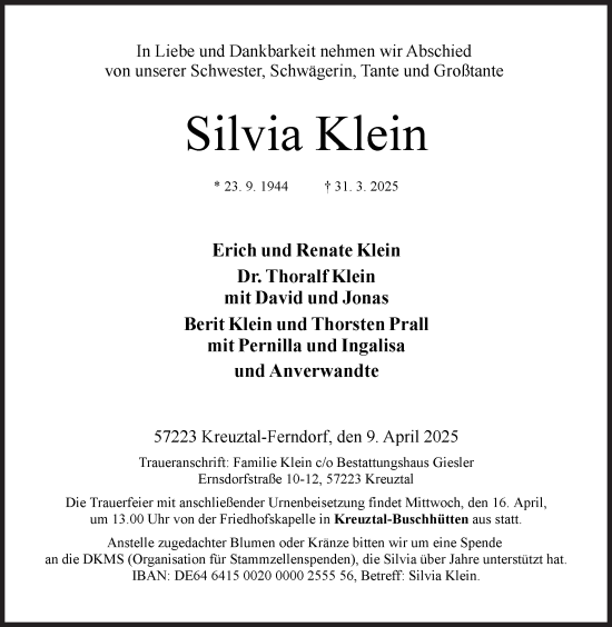 Traueranzeige von Silvia Klein von Siegener Zeitung
