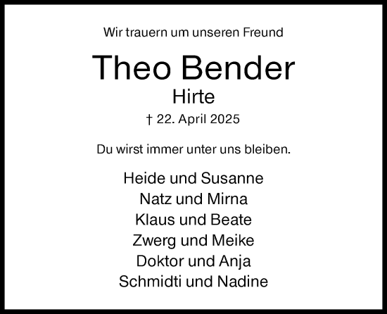 Traueranzeige von Theo Bender von Siegener Zeitung