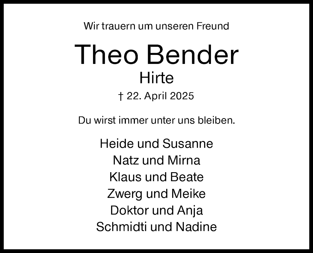  Traueranzeige für Theo Bender vom 30.04.2025 aus Siegener Zeitung