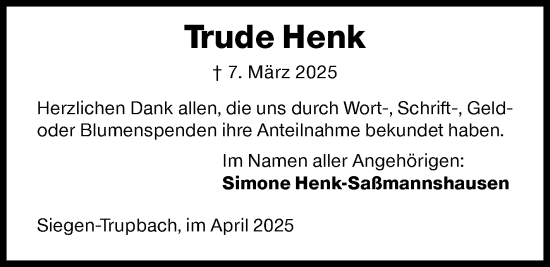 Traueranzeige von Trude Henk von Siegener Zeitung