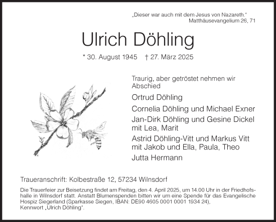 Traueranzeige von Ulrich Döhling von Siegener Zeitung