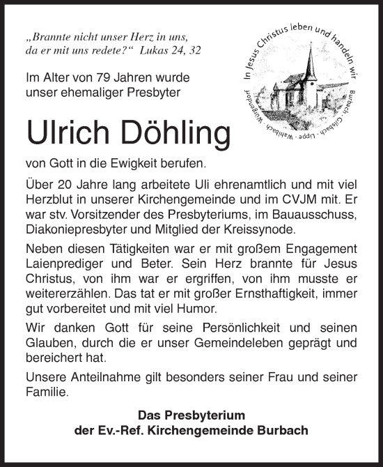 Traueranzeige von Ulrich Döhling von Siegener Zeitung