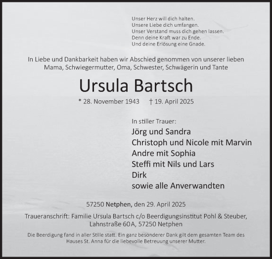 Traueranzeige von Ursula Bartsch von Siegener Zeitung