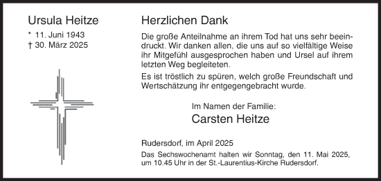 Traueranzeige von Ursula Heitze von Siegener Zeitung