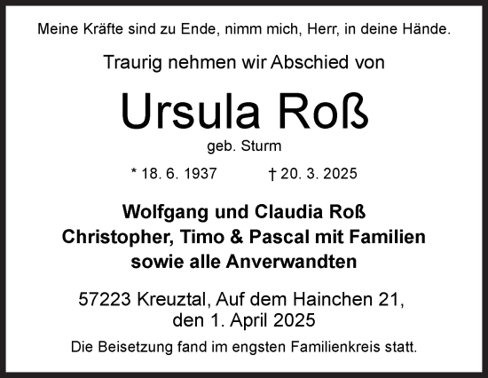 Traueranzeige von Ursula Roß von Siegener Zeitung