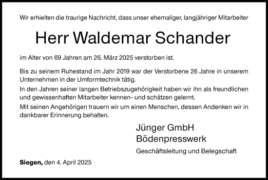 Traueranzeige von Waldemar Schander von Siegener Zeitung