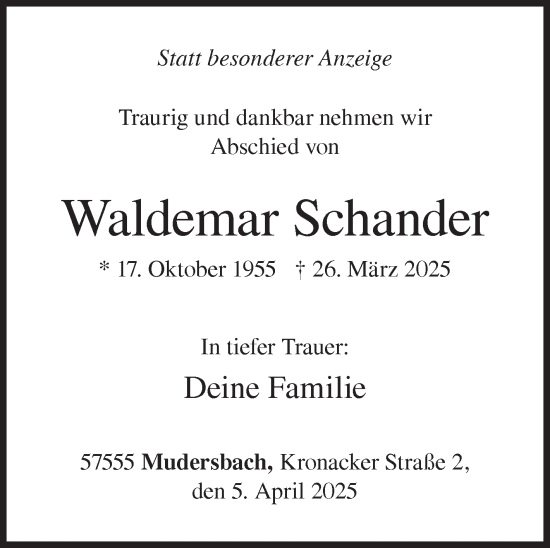 Traueranzeige von Waldemar Schander von Siegener Zeitung