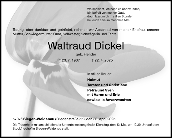 Traueranzeige von Waltraud Dickel von Siegener Zeitung