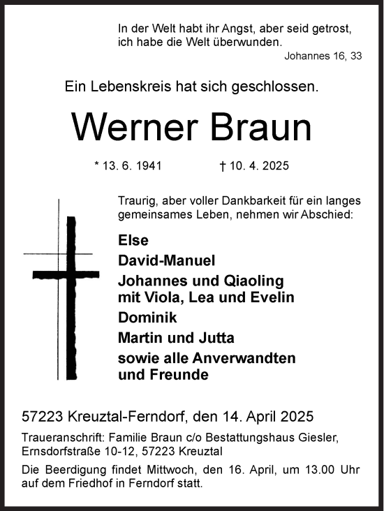 Traueranzeige von Werner Braun von Siegener Zeitung