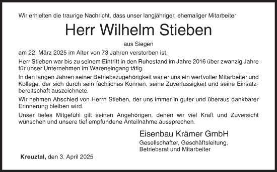 Traueranzeige von Wilhelm Stieben von Siegener Zeitung