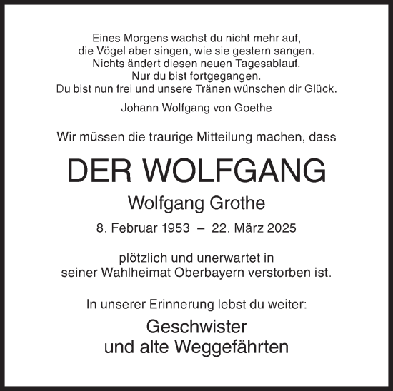 Traueranzeige von Wolfgang Grothe von Siegener Zeitung