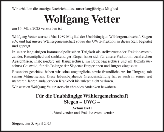 Traueranzeige von Wolfgang Vetter von Siegener Zeitung