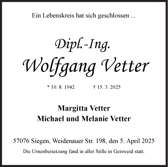 Traueranzeige von Wolfgang Vetter von Siegener Zeitung
