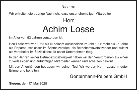 Traueranzeige von Achim Losse von Siegener Zeitung