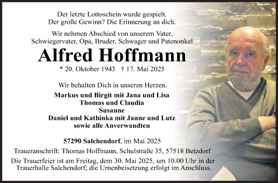 Traueranzeige von Alfred Hoffmann von Siegener Zeitung