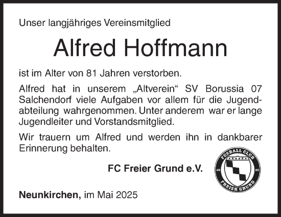 Traueranzeige von Alfred Hoffmann von Siegener Zeitung