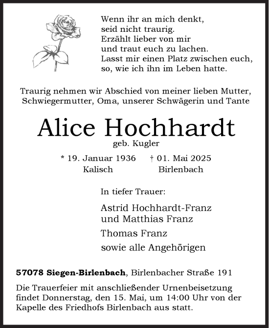 Traueranzeige von Alice Hochhardt von Siegener Zeitung