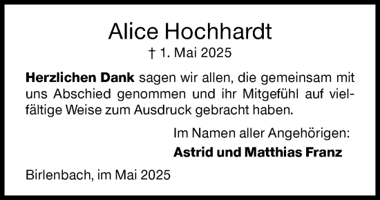 Traueranzeige von Alice Hochhardt von Siegener Zeitung