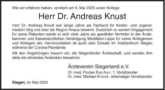 Traueranzeige von Andreas Knust von Siegener Zeitung