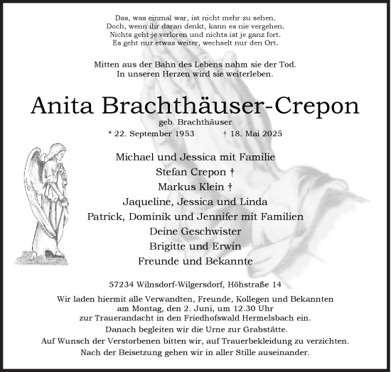 Traueranzeige von Anita Brachthäuser-Crepon von Siegener Zeitung