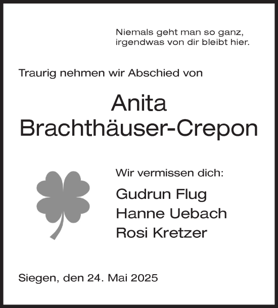 Traueranzeige von Anita Brachthäuser-Crepon von Siegener Zeitung