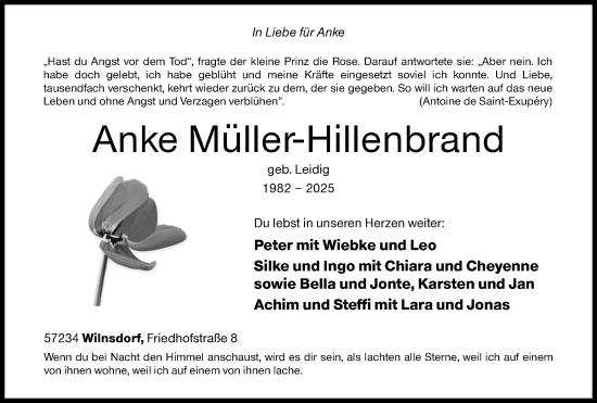 Traueranzeige von Anke Müller-Hillenbrand von Siegener Zeitung