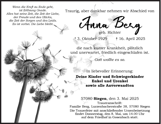 Traueranzeige von Anna Berg von Siegener Zeitung