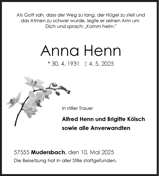 Traueranzeige von Anna Henn von Siegener Zeitung