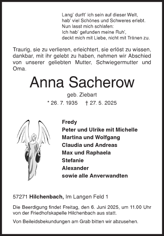 Traueranzeige von Anna Sacherow von Siegener Zeitung