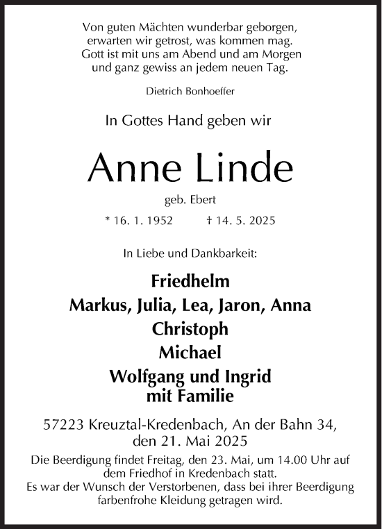 Traueranzeige von Anne Linde von Siegener Zeitung