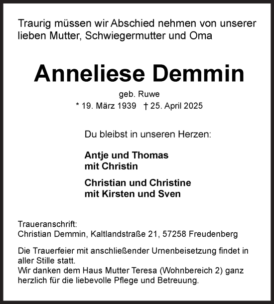 Traueranzeige von Anneliese Demmin von Siegener Zeitung