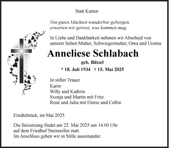 Traueranzeige von Anneliese Schlabach von Siegener Zeitung
