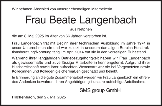 Traueranzeige von Beate Langenbach von Siegener Zeitung