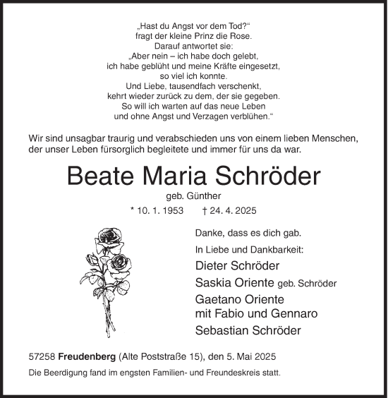 Traueranzeige von Beate Maria Schröder von Siegener Zeitung