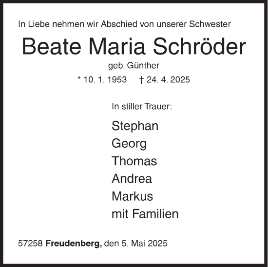 Traueranzeige von Beate Maria Schröder von Siegener Zeitung