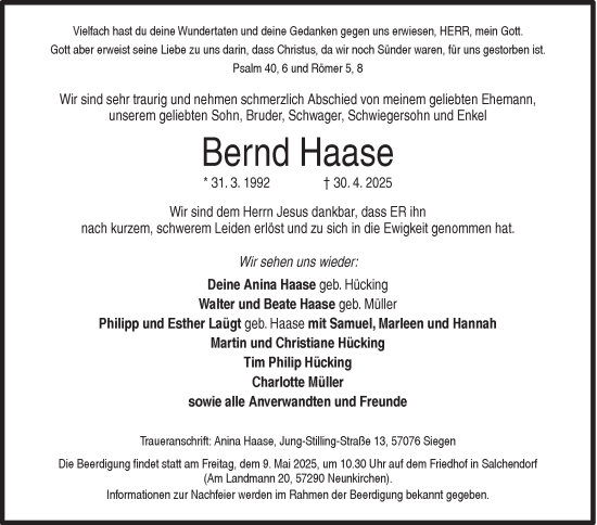 Traueranzeige von Bernd Haase von Siegener Zeitung
