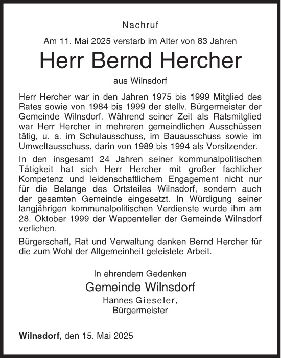 Traueranzeige von Bernd Hercher von Siegener Zeitung