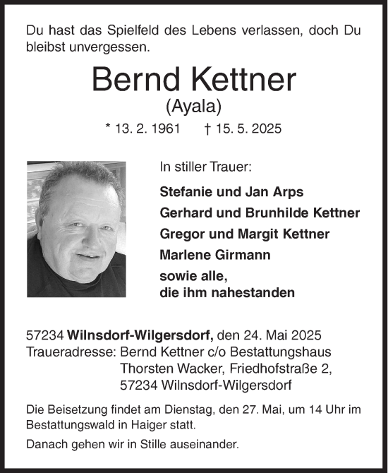 Traueranzeige von Bernd Kettner von Siegener Zeitung
