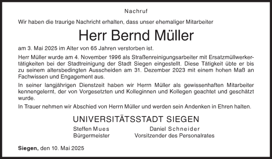 Traueranzeige von Bernd Müller von Siegener Zeitung