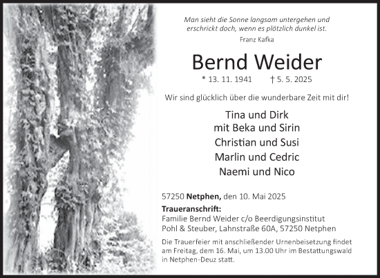 Traueranzeige von Bernd Weider von Siegener Zeitung