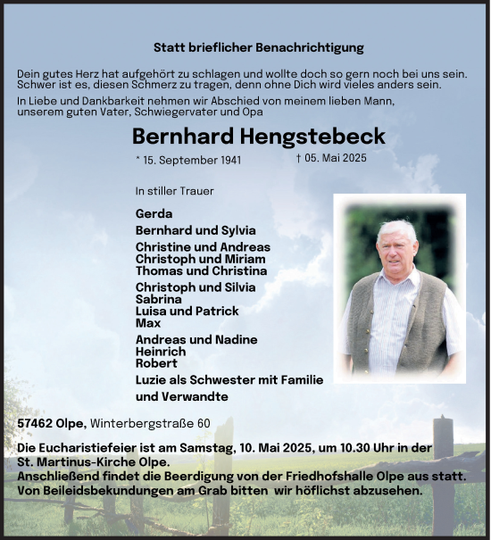 Traueranzeige von Bernhard Hengstebeck von Siegener Zeitung