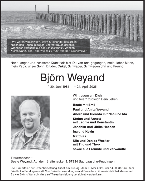 Traueranzeige von Björn Weyand von Siegener Zeitung