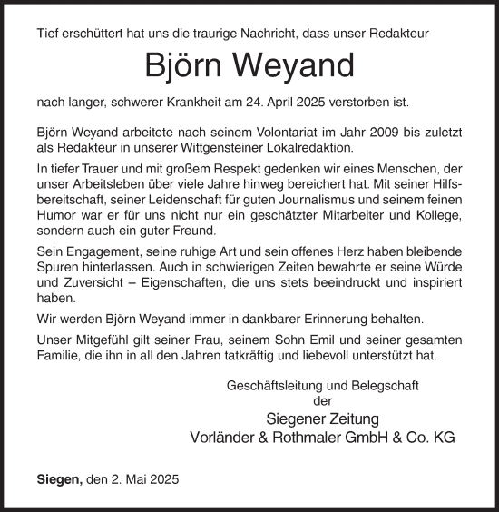 Traueranzeige von Björn Weyand von Siegener Zeitung